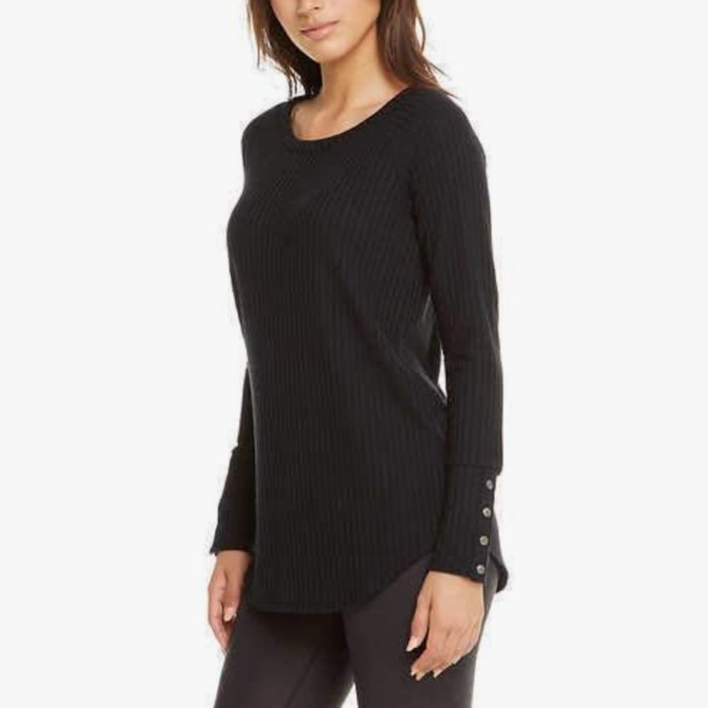 Chaser Long Sleeve Waffle‎ Thermal Tunic Sweater Top, Black, Medium